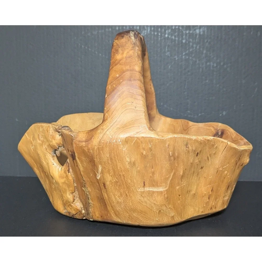 Vintage Hand Carved Burl Wood Rustic Wooden Basket with Handle So Much Character